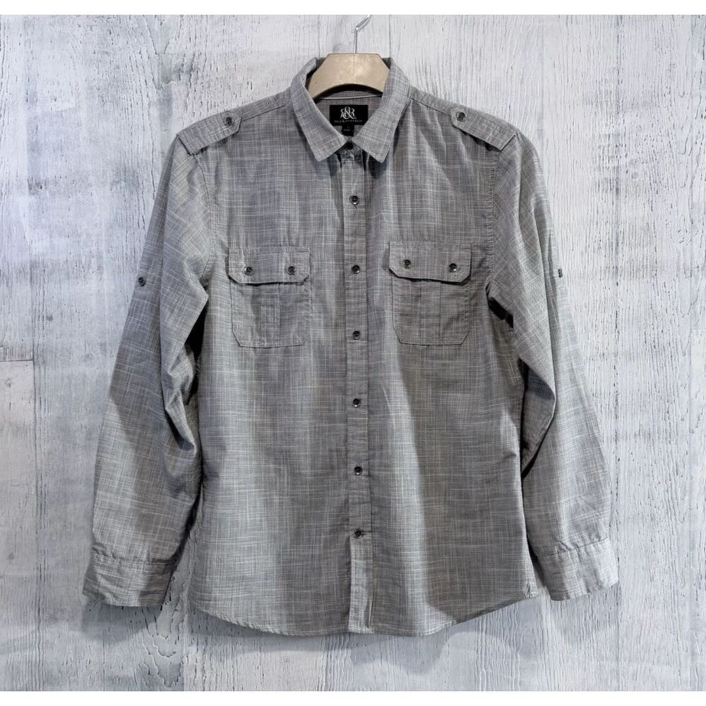 Rock Republic Shirt Mens M Gray Easy Care Roll Tab Sleeve Button Up Pockets